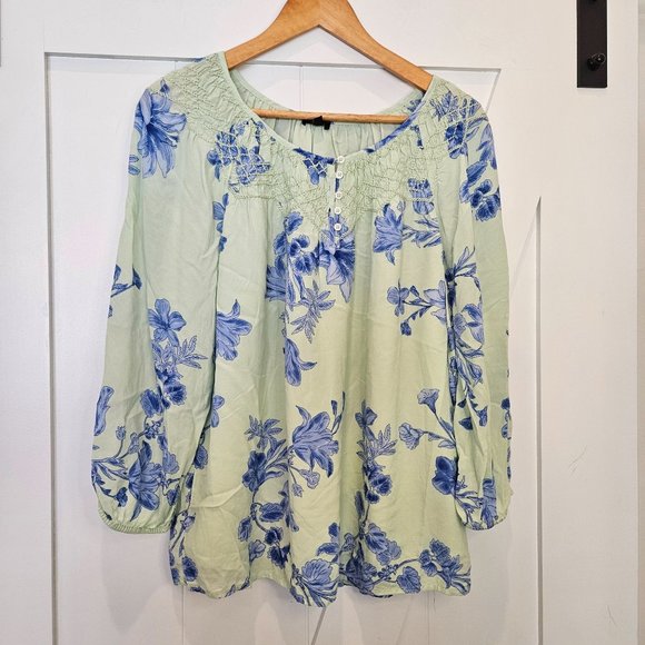Talbots Tops - Talbots Embroidered Smocked Blouse Green, Blue Flowers, Long Sleeve, Large